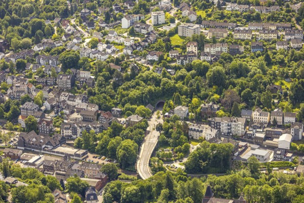 Aerial view, city view Eckeshagen with tunnel Velbert-Langenberg at Dr.-Hans-Karl-Glinz-Straße corner Hauptstraße, historic town house, Langenberg, Velbert, Ruhr area, North Rhine-Westphalia, Germany, DE, Europe, property tax, real estate, aerial view, aerial photography, aerial photography, overview, bird's eye view, residential area, living and living, residential area, residential quality, residential neighbourhood, housing estate, residential area, birds-eyes view, overview