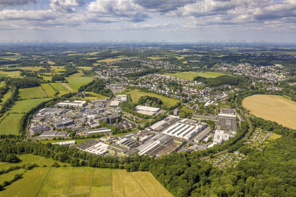 Aerial view, industrial area Siebeneick, distant view and blue sky with clouds, residential area local view Neviges, Untensiebeneick, Velbert, Ruhr area, North Rhine-Westphalia, Germany, DE, Europe, commercial enterprises, commercial area, commercial area, commercial property, commercial park, commercial location, commercial use, industrial area, industrial location, aerial view, aerial photography, aerial photography, Neviges, overview, bird's eye view, birds-eyes view, overview