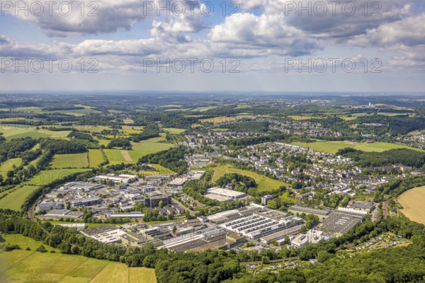 Aerial view, industrial area Siebeneick, distant view and blue sky with clouds, residential area local view Neviges, Untensiebeneick, Velbert, Ruhr area, North Rhine-Westphalia, Germany, DE, Europe, commercial enterprises, commercial area, commercial area, commercial property, commercial park, commercial location, commercial use, industrial area, industrial location, aerial view, aerial photography, aerial photography, Neviges, overview, bird's eye view, birds-eyes view, overview