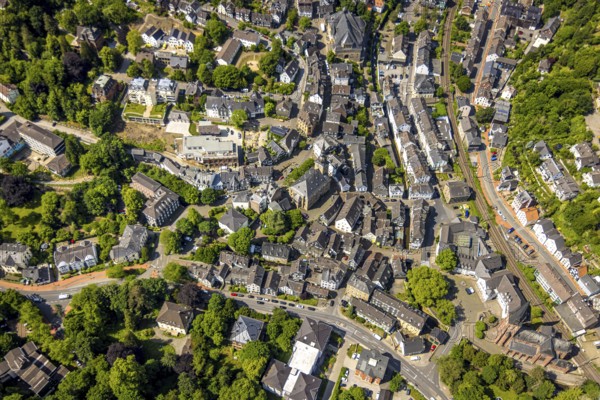 Aerial view, residential area old town with protestant old church Langenberg, below the catholic church St. Michael, construction sites Wiemer Straße, Oberbonsfeld, Velbert, Ruhr area, North Rhine-Westphalia, Germany, construction work, construction area, building site, building plots, construction project, construction site, DE, Europe, Langenberg, aerial view, aerial photography, aerial photography, overview, bird's-eye view, overview