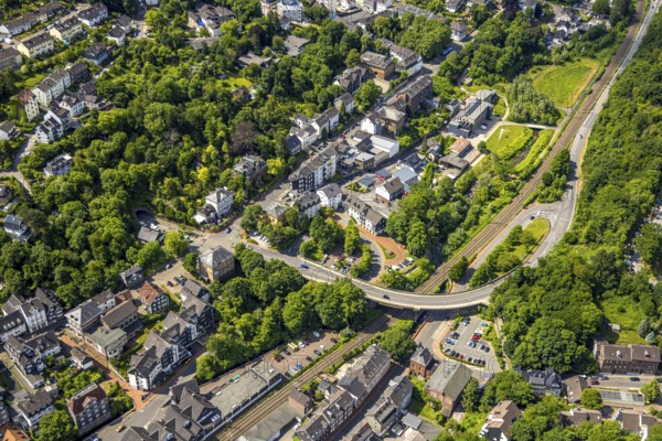 Aerial view, city view Eckeshagen with tunnel Velbert-Langenberg at Dr.-Hans-Karl-Glinz-Straße corner Hauptstraße, historic town house, Langenberg, Velbert, Ruhr area, North Rhine-Westphalia, Germany, DE, Europe, property tax, real estate, aerial view, aerial photography, aerial photography, overview, bird's eye view, residential area, living and living, residential area, residential quality, residential neighbourhood, housing estate, residential area, birds-eyes view, overview