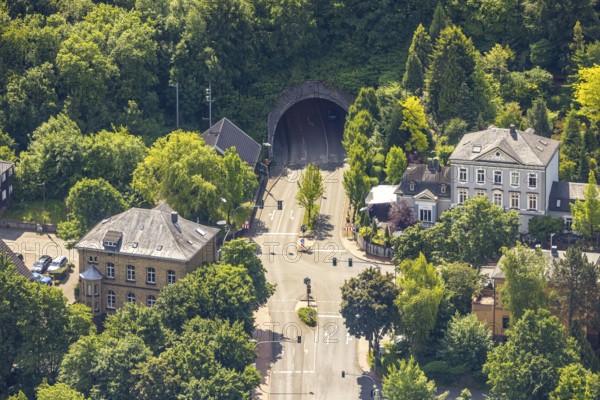 Aerial view, tunnel Velbert-Langenberg at the corner of Dr.-Hans-Karl-Glinz-Straße and Hauptstraße, Langenberg, Velbert, Ruhr area, North Rhine-Westphalia, Germany, DE, Europe, aerial view, aerial photography, aerial photography, overview, bird's-eye view, overview