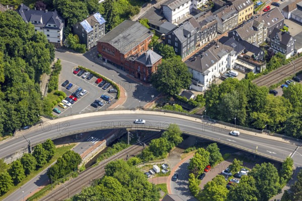 Aerial view, bridge Dr. Hans-Karl-Glinz-Straße over railway tracks, Langenberg, Velbert, Ruhr area, North Rhine-Westphalia, Germany, DE, Europe, aerial view, aerial photography, aerial photography, overview, bird's-eye view, overview