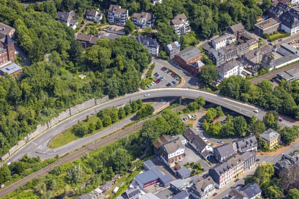 Aerial view, bridge Dr. Hans-Karl-Glinz-Straße over railway tracks, residential area Langenberg, Velbert, Ruhr area, North Rhine-Westphalia, Germany, DE, Europe, Langenberg, aerial view, aerial photography, aerial photography, overview, bird's-eye view, overview