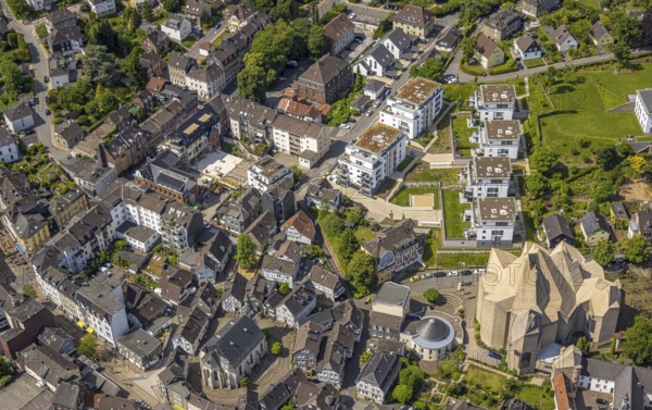 Aerial view, futuristic roof construction of the Catholic Church Mariendom, Franciscan monastery Hardenberg with Catholic parish church St. Mariä Empfängnis, round building parish centre Glocke, Neviges, Velbert, Ruhr area, North Rhine-Westphalia, Germany, construction work, construction area, construction site, building plots, construction project, construction site, DE, Europe, aerial view, aerial photography, aerial photography, new building, overview, bird's eye view, bird's eye view, overview