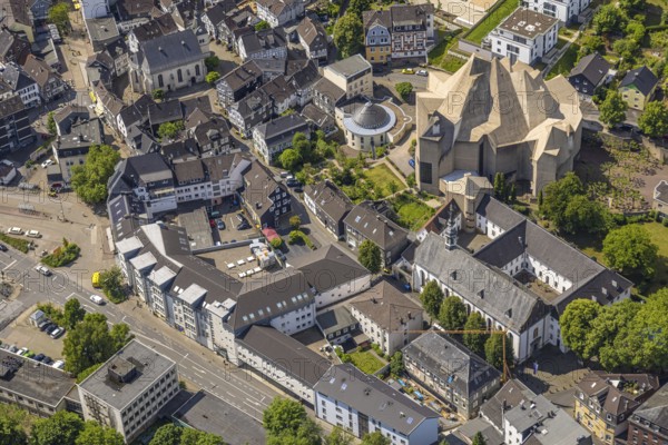 Aerial view, futuristic roof construction of the catholic church Mariendom, Franciscan monastery Hardenberg with catholic parish church St. Mariä Empfängnis, round building parish centre Glocke, Neviges, Velbert, Ruhr area, North Rhine-Westphalia, Germany, DE, Europe, aerial view, aerial photography, aerial photography, overview, bird's-eye view, overview