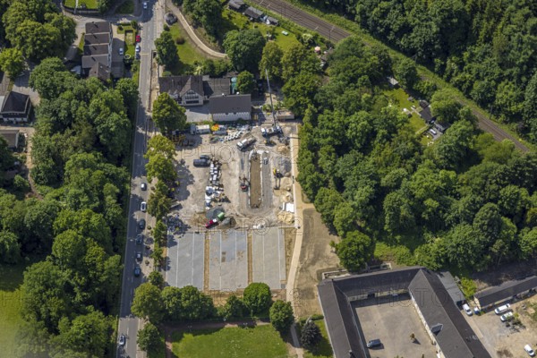 Aerial view, construction site at Hardenberg Castle, Neviges, Velbert, Ruhr area, North Rhine-Westphalia, Germany, construction work, construction area, construction site, building plots, construction project, construction site, castle, DE, Europe, aerial view, aerial photography, aerial photography, new building, castle, overview, bird's-eye view, overview