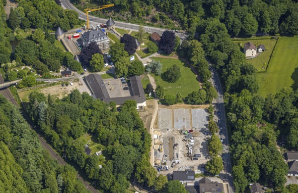 Aerial view, Hardenberg Castle with round towers, construction site with renovation and refurbishment, Neviges, Velbert, Ruhr area, North Rhine-Westphalia, Germany, construction work, construction area, building site, building plots, construction project, building site, castle, DE, Europe, aerial view, aerial photography, aerial photography, new building, castle, overview, bird's-eye view, overview