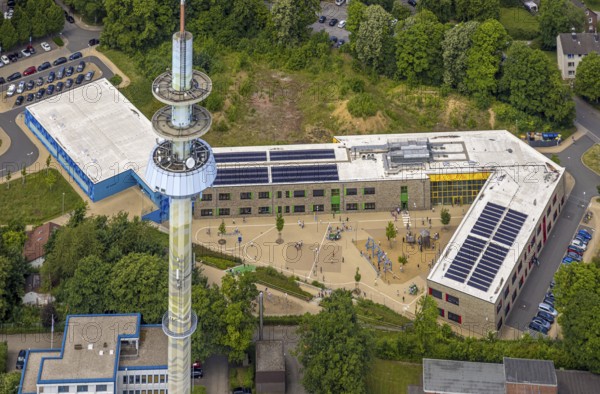 Aerial view, Kastanienallee primary school, Velbert (sturgeon) telecommunications tower, Velbert, Ruhr area, North Rhine-Westphalia, Germany, architecture, educational institution, view from above, DE, education, Europe, Velbert telecommunications tower, television transmitter, building, primary school, green areas, houses, infrastructure, Kastanienallee, Kita Kastanienallee, Kolping Kindergarten, aerial view, aerial photography, aerial photography, neighbourhood, radio tower, school, city, Telebert, tower, overview, bird's-eye view, German cityscape, above, overview, urban environment, VelbertMitte