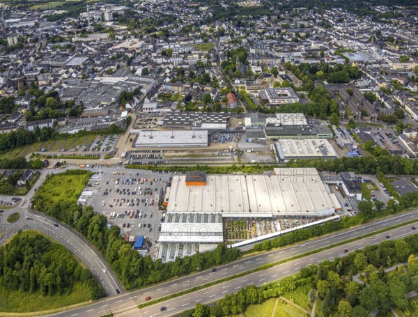 Aerial view, OBI Markt Velbert DIY store and commercial area Güterstraße, Velbert, Ruhr area, North Rhine-Westphalia, Germany, DE, Europe, commercial enterprises, commercial space, commercial area, commercial property, commercial use, industrial site, aerial view, aerial photography, aerial photography, overview, bird's-eye view, overview, VelbertMitte