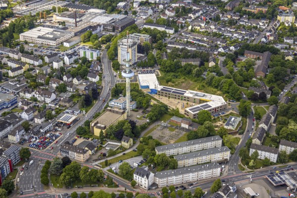 Aerial view, Primary school Kastanienallee, Telecommunication tower Velbert (Telebert) TV station, BKS high-rise building Haus Niederberg, Velbert, Ruhr area, North Rhine-Westphalia, Germany, architecture, educational institution, view from above, DE, education, Europe, Telecommunication tower Velbert, TV station, building, primary school, green areas, houses, infrastructure, Kastanienallee, Kita Kastanienallee, Kolping Kindergarten, aerial view, aerial photography, aerial photography, neighbourhood, radio tower, school, city, Telebert, tower, overview, bird's-eye view, German cityscape, above, overview, urban environment, VelbertMitte