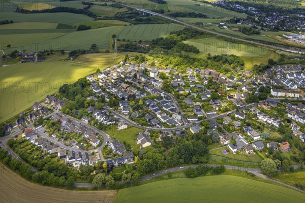 Aerial view, residential area housing estate with plant names streets like Diestelbusch and Holunderbusch, Velbert, Ruhr area, North Rhine-Westphalia, Germany, DE, Europe, property tax, real estate, aerial view, aerial photography, aerial photography, overview, bird's-eye view, residential complex, living and life, residential area, residential quality, residential neighbourhood, housing estate, residential district, birds-eyes view, overview, VelbertMitte