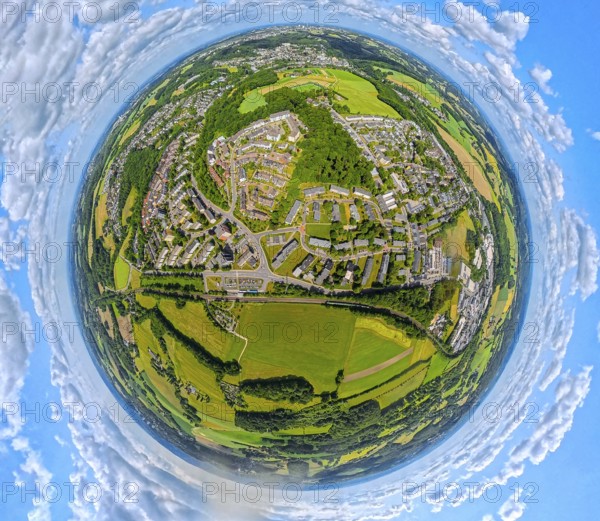Residential area local view Neviges, Am Rosenhügel, globe, fisheye shot, fisheye shot, 360 degree shot, tiny world, little planet, fisheye image, Neviges, Velbert, Ruhr area, North Rhine-Westphalia, Germany, DE, Europe, fisheye lens, fisheye lens, aerial view, aerial photography, aerial photography, super wide angle lens, overview, bird's eye view, birds-eyes view, fisheye lens, insta360 camera, overview