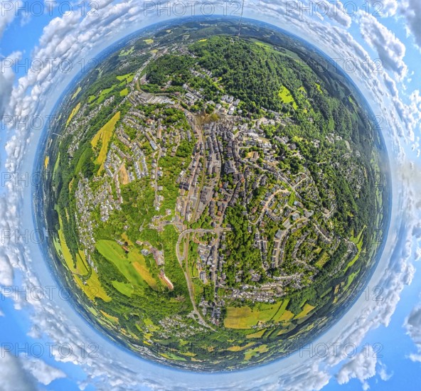 Residential area local view Langenberg, earth globe, fisheye image, fisheye image, 360 degree image, tiny world, little planet, fisheye image, Langenberg, Velbert, Ruhr area, North Rhine-Westphalia, Germany, DE, Europe, fisheye lens, fisheye lens, aerial view, aerial photography, aerial photography, super wide angle lens, overview, bird's eye view, birds-eyes view, fisheye lens, insta360 camera, overview