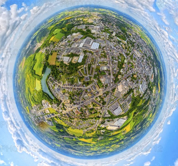 Residential area townscape Velbert with Nevigeser Straße, earth globe, fisheye, Velbert centre, shot, fisheye shot, 360 degree shot, tiny world, little planet, fisheye image, Velbert, Ruhr area, North Rhine-Westphalia, Germany, DE, Europe, fisheye lens, fisheye shot, fisheye lens, property tax, real estate, aerial view, aerial photography, aerial photography, super wide angle lens, overview, bird's eye view, residential area, living and living, residential area, residential quality, residential neighbourhood, residential area, birds-eyes view, fisheye lens, insta360 camera, overview