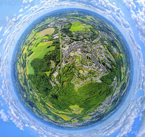 Residential area local view Neviges, globe, fisheye shot, fisheye shot, 360 degree shot, tiny world, little planet, fisheye image, Neviges, Velbert, Ruhr area, North Rhine-Westphalia, Germany, DE, Europe, fisheye lens, fisheye lens, aerial view, aerial photography, aerial photography, super wide angle lens, overview, bird's eye view, birds-eyes view, fisheye lens, insta360 camera, overview