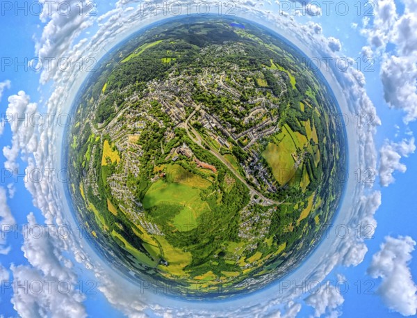 Residential area local view Langenberg, earth globe, fisheye image, fisheye image, 360 degree image, tiny world, little planet, fisheye image, Langenberg, Velbert, Ruhr area, North Rhine-Westphalia, Germany, DE, Europe, fisheye lens, fisheye lens, aerial view, aerial photography, aerial photography, super wide angle lens, overview, bird's eye view, birds-eyes view, fisheye lens, insta360 camera, overview