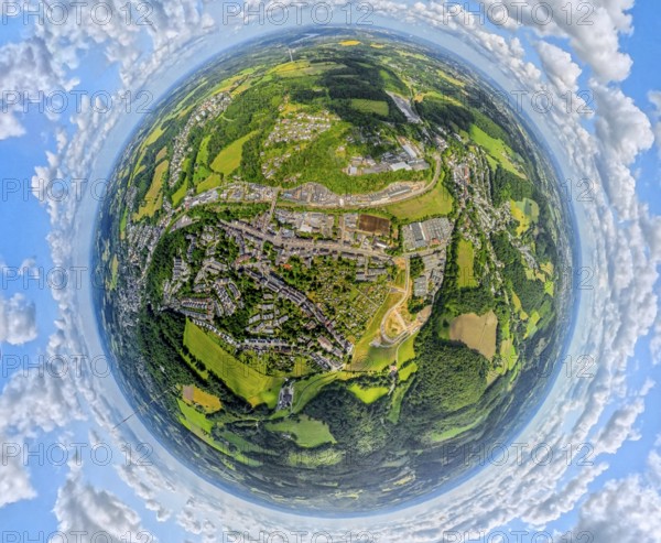 Residential area local view district Oberbonsfeld surrounded by meadows and fields, earth globe, fisheye image, fisheye image, 360 degree image, tiny world, little planet, fisheye image, Langenberg, Velbert, Ruhr area, North Rhine-Westphalia, Germany, DE, Europe, fisheye lens, fisheye lens, property tax, real estate, aerial view, aerial photography, aerial photography, super wide angle lens, overview, bird's eye view, residential area, housing and living, residential area, residential quality, residential neighbourhood, housing estate, residential district, birds-eyes view, fisheye lens, insta360 camera, overview