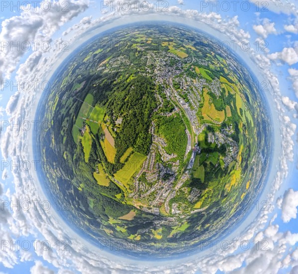 Residential area local view district Oberbonsfeld and Langenberg surrounded by meadows and fields, globe, fisheye image, 360 degree image, tiny world, little planet, fisheye image, Oberbonsfeld, Velbert, Ruhr area, North Rhine-Westphalia, Germany, DE, Europe, fisheye lens, fisheye lens, property tax, real estate, aerial view, aerial photography, aerial photography, aerial photography, super wide angle lens, overview, bird's eye view, housing estate, housing and living, residential area, quality of living, residential neighbourhood, housing estate, residential area, birds-eyes view, fisheye lens, insta360 camera, overview