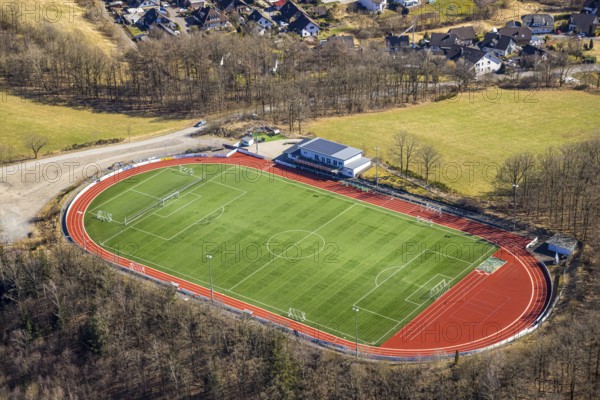 Aerial photo, football stadium and athletics stadium sports ground FSV Gerlingen e.V., Dahl, Olpe, Sauerland, North Rhine-Westphalia, Germany, DE, Europe, football pitch, football stadium, aerial photo, aerial photography, aerial photography, sports, sports facilities, sports ground, sports facility, stadium, overview, bird's-eye view, Wenden, birds-eyes view, overview