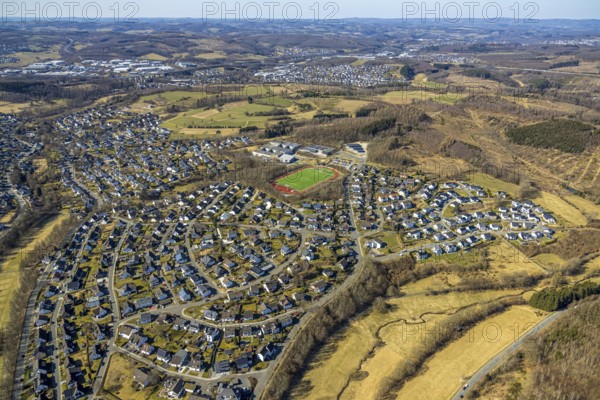 Aerial view, local view Möllmicke, football stadium and athletics stadium of FC Sportfreunde Möllmicke e.V., comprehensive school Wenden, Möllmicke, Wenden, Sauerland, North Rhine-Westphalia, Germany, education, educational institution, DE, Europe, football pitch, football stadium, comprehensive school, educational institute, athletics stadium, aerial view, aerial photography, aerial photography, school, sports, sports facilities, sports field, sports facility, stadium, overview, bird's eye view, bird's eye view, overview