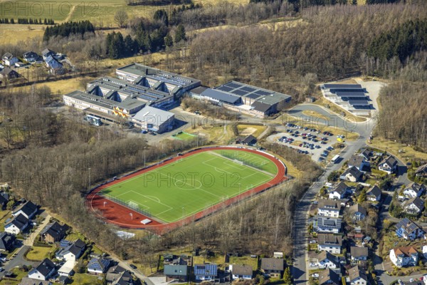 Aerial view, football stadium and athletics stadium of FC Sportfreunde Möllmicke e.V., comprehensive school Wenden, Möllmicke, Wenden, Sauerland, North Rhine-Westphalia, Germany, education, educational institution, DE, Europe, football pitch, football stadium, comprehensive school, educational institute, athletics stadium, aerial view, aerial photography, aerial photography, school, sports, sports facilities, sports field, sports facility, stadium, overview, bird's eye view, birds-eyes view, overview
