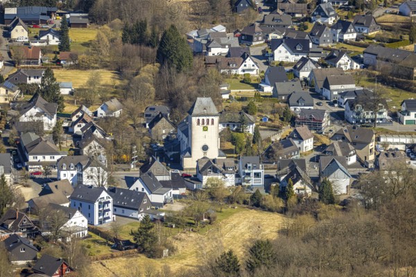 Aerial view, St. Antonius Church in the town centre, Gerlingen, Wenden, Sauerland, North Rhine-Westphalia, Germany, place of worship, DE, Europe, place of worship, holy site, church, parish, aerial view, aerial photography, aerial photography, religion, religious site, overview, bird's-eye view, overview