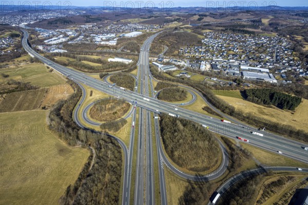 Aerial view, motorway junction Olpe-Süd with motorway A45 and motorway A4, Gerlingen, Wenden, Sauerland, North Rhine-Westphalia, Germany, DE, Europe, aerial view, aerial photography, aerial photography, overview, bird's-eye view, overview