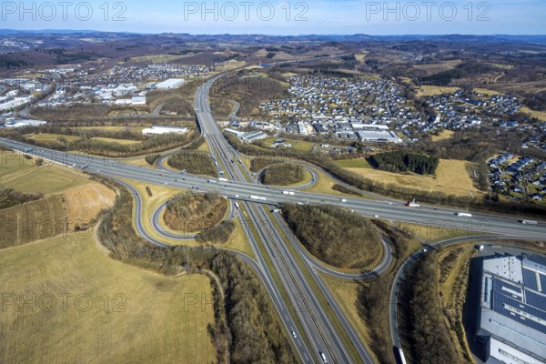 Aerial view, motorway junction Olpe-Süd with motorway A45 and motorway A4, Gerlingen, Wenden, Sauerland, North Rhine-Westphalia, Germany, DE, Europe, aerial view, aerial photography, aerial photography, overview, bird's-eye view, overview