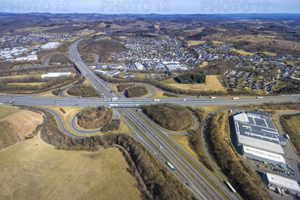 Aerial view, motorway junction Olpe-Süd with motorway A45 and motorway A4, Gerlingen, Wenden, Sauerland, North Rhine-Westphalia, Germany, DE, Europe, aerial view, aerial photography, aerial photography, overview, bird's-eye view, overview