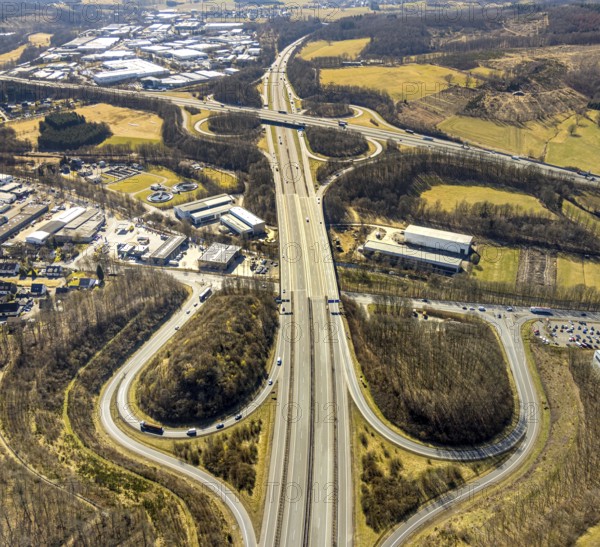 Aerial view, motorway junction Olpe-Süd with motorway A45 and motorway A4 and junction Wenden, Gerlingen, Wenden, Sauerland, North Rhine-Westphalia, Germany, motorway, DE, Europe, aerial view, aerial photography, aerial photography, road traffic, overview, bird's-eye view, overview