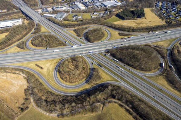 Aerial view, motorway junction Olpe-Süd with motorway A45 and motorway A4, Gerlingen, Wenden, Sauerland, North Rhine-Westphalia, Germany, DE, Europe, aerial view, aerial photography, aerial photography, overview, bird's-eye view, overview
