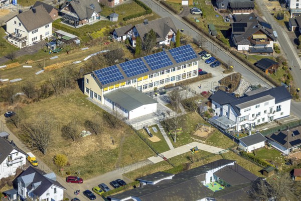 Aerial view, school family centre St. Severinus with solar roof, Agathastrasse, Möllmicke, Wenden, Sauerland, North Rhine-Westphalia, Germany, DE, Europe, aerial view, aerial photography, aerial photography, overview, bird's-eye view, overview