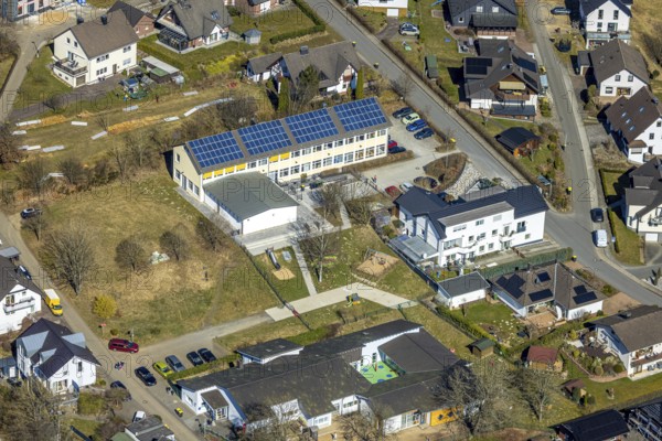 Aerial view, school family centre St. Severinus with solar roof, Agathastrasse, Möllmicke, Wenden, Sauerland, North Rhine-Westphalia, Germany, DE, Europe, aerial view, aerial photography, aerial photography, overview, bird's-eye view, overview