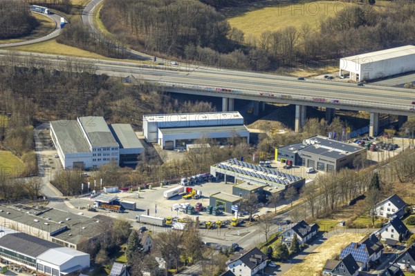 Aerial view, commercial area Zum Eichstruck, at the A4 motorway, Gerlingen, Wenden, Sauerland, North Rhine-Westphalia, Germany, DE, Europe, commercial enterprises, commercial area, commercial property, commercial site, commercial use, industrial area, industrial site, aerial photograph, aerial photography, aerial photography, overview, bird's-eye view, overview