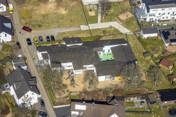 Aerial view, school family centre St. Severinus with solar roof, Agathastrasse, Möllmicke, Wenden, Sauerland, North Rhine-Westphalia, Germany, DE, Europe, aerial view, aerial photography, aerial photography, overview, bird's-eye view, overview