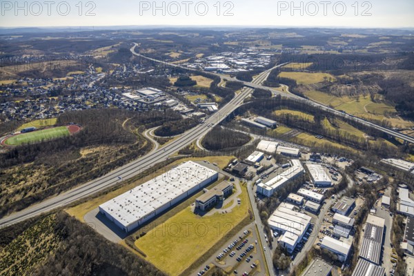 Aerial photo, SCHELL GmbH company premises on the A4 motorway with Olpe-Süd motorway junction, Dahl, Olpe, Sauerland, North Rhine-Westphalia, Germany, DE, Europe, aerial photo, aerial photography, aerial photography, overview, bird's-eye view, Wenden, birds-eyes view, overview