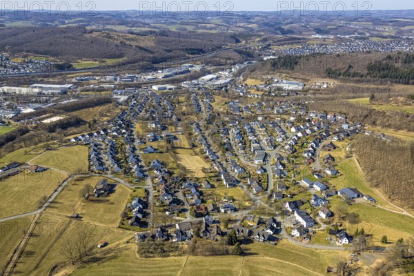 Aerial view, residential area local view Dahl Friedrichsthal, behind commercial area, Dahl, Olpe, Sauerland, North Rhine-Westphalia, Germany, DE, Europe, commercial enterprises, commercial area, commercial property, commercial location, commercial use, property tax, real estate, industrial area, industrial location, aerial photograph, aerial photography, aerial photography, overview, bird's-eye view, Wenden, residential area, living and life, residential area, residential quality, residential quarter, residential estate, residential area, birds-eyes view, overview