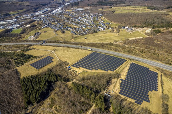Aerial photo, solar park at Bieberg on the A4 motorway, Dahl, Olpe, Sauerland, North Rhine-Westphalia, Germany, DE, Europe, photovoltaic, aerial photo, aerial photography, aerial photography, photovoltaic plant, solar, solar plant, solar energy, solar park, solar power plant, overview, bird's-eye view, Wenden, birds-eyes view, overview