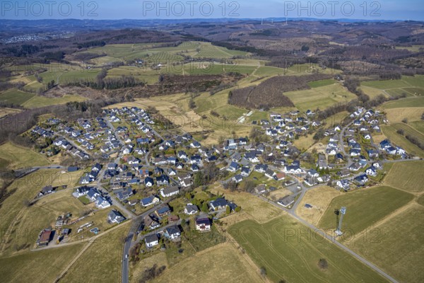 Aerial view, residential area, view of Thieringhausen, surrounded by meadows and fields, hilly landscape with distant view, Thieringhausen, Olpe, Sauerland, North Rhine-Westphalia, Germany, DE, Europe, property tax, real estate, aerial view, aerial photography, aerial photography, overview, bird's-eye view, Wenden, residential area, living and living, residential area, quality of life, residential neighbourhood, housing estate, residential area, birds-eyes view, overview