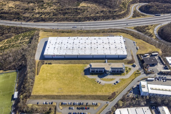 Aerial photo, SCHELL GmbH company premises on the A4 motorway, Dahl, Olpe, Sauerland, North Rhine-Westphalia, Germany, DE, Europe, aerial photo, aerial photography, aerial photography, overview, bird's-eye view, Wenden, birds-eyes view, overview