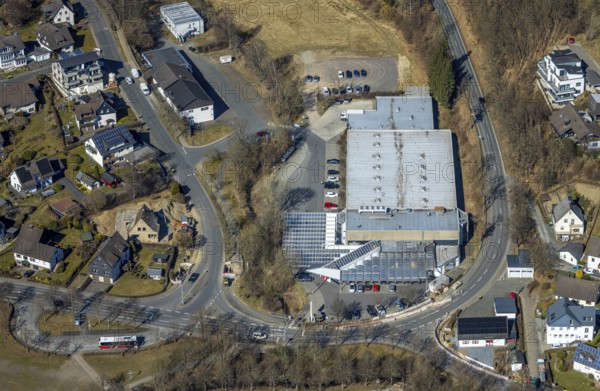 Aerial view, shopping centre with HIT supermarket, Wenden, Sauerland, North Rhine-Westphalia, Germany, DE, Europe, aerial view, aerial photography, aerial photography, overview, bird's-eye view, overview