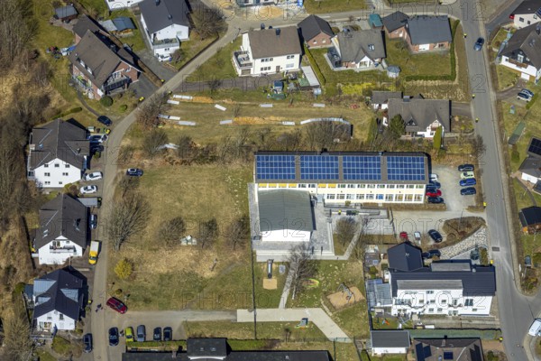 Aerial view, school family centre St. Severinus with solar roof, Agathastrasse, Möllmicke, Wenden, Sauerland, North Rhine-Westphalia, Germany, DE, Europe, aerial view, aerial photography, aerial photography, overview, bird's-eye view, overview