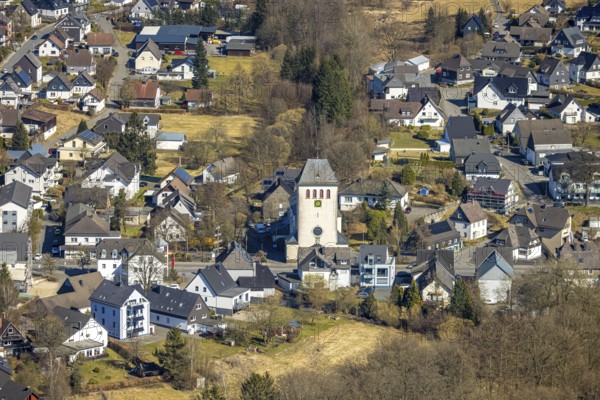 Aerial view, St. Antonius Church in the town centre, Gerlingen, Wenden, Sauerland, North Rhine-Westphalia, Germany, place of worship, DE, Europe, place of worship, holy site, church, parish, aerial view, aerial photography, aerial photography, religion, religious site, overview, bird's-eye view, overview