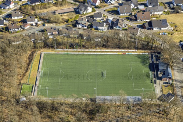 Aerial view, residential area local view Altenhof, football stadium sports field Am Winterhagen, Altenhof, Wenden, Sauerland, North Rhine-Westphalia, Germany, DE, Europe, football field, football stadium, property tax, real estate, aerial view, aerial photography, aerial photography, sports, sports facilities, sports field, sports facility, stadium, overview, bird's eye view, residential complex, living and life, residential area, residential quality, residential neighbourhood, housing estate, residential area, birds-eyes view, overview