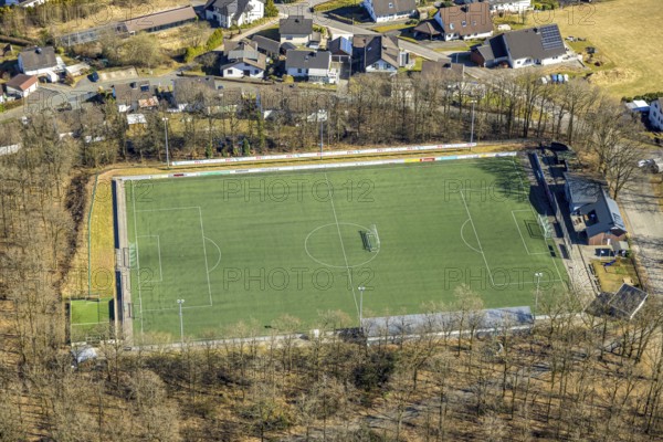 Aerial view, football stadium sports field Am Winterhagen, Altenhof, Wenden, Sauerland, North Rhine-Westphalia, Germany, DE, Europe, football field, football stadium, aerial view, aerial photography, aerial photography, sports, sports facilities, sports field, sports venue, stadium, overview, bird's-eye view, overview