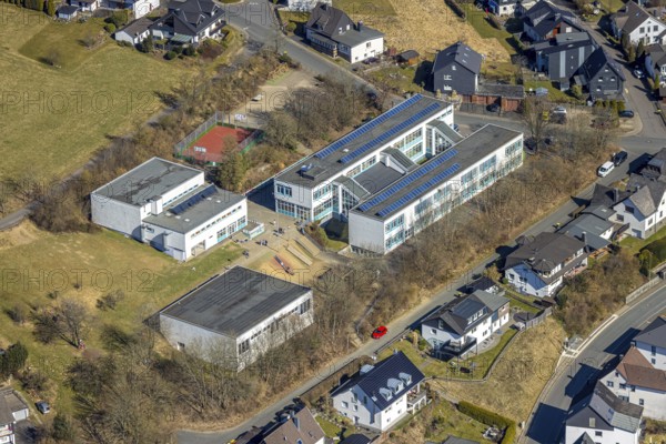 Aerial view, primary school with swimming pool and gymnasium, Möllmicke, Wenden, Sauerland, North Rhine-Westphalia, Germany, DE, Europe, aerial view, aerial photography, aerial photography, overview, bird's eye view, birds-eyes view, overview