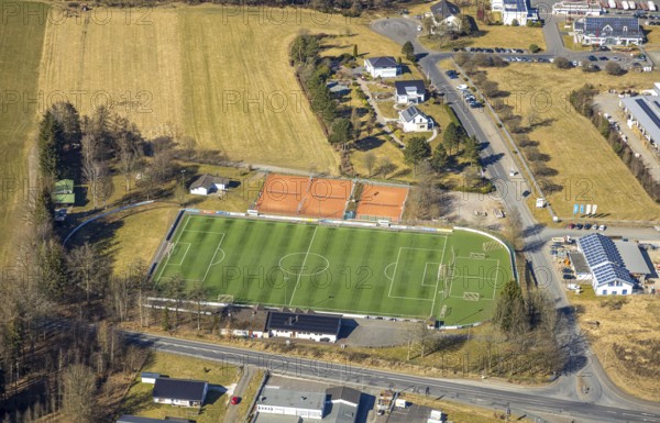 Aerial view, football stadium sports field Hünsborn and tennis courts TC Hünsborn, Hünsborn, Wenden, Sauerland, North Rhine-Westphalia, Germany, DE, Europe, football field, football stadium, football club, aerial view, aerial photography, aerial photography, sports, sports facilities, sports field, sports facility, stadium, tennis, tennis courts, overview, bird's eye view, birds-eyes view, overview
