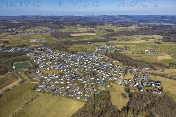 Aerial view, meadows and fields with distant view, football stadium sports field FC Altenhof, residential area local view district Altenhof, Wenden, Sauerland, North Rhine-Westphalia, Germany, DE, Europe, football field, football stadium, property tax, real estate, aerial view, aerial photography, aerial photography, sports, sports facilities, sports field, sports facility, stadium, overview, bird's eye view, residential complex, living and life, residential area, residential quality, residential neighbourhood, housing estate, residential district, birds-eyes view, overview