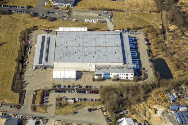 Aerial view, commercial area Hünsborn Süd-West Rheinauer Straße with Wesco KG wholesaler, Hünsborn, Wenden, Sauerland, North Rhine-Westphalia, Germany, DE, Europe, commercial enterprises, commercial area, commercial property, commercial site, commercial use, industrial area, industrial site, aerial photograph, aerial photography, aerial photography, overview, bird's-eye view, bird's-eye view, overview